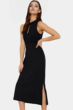 Bodycon Kalıp Midi Elbise Örme Kumaş Choker Yaka Günlük Şık Görünüm Trend Tasarım Seçkin Malzeme