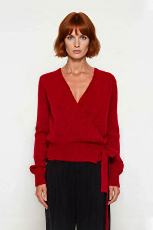 Kadınlara Özel Kruvaze Yaka Triko Kazak Regular Kalıp Günlük Konforlu Şık Basic Tasarım Kaliteli