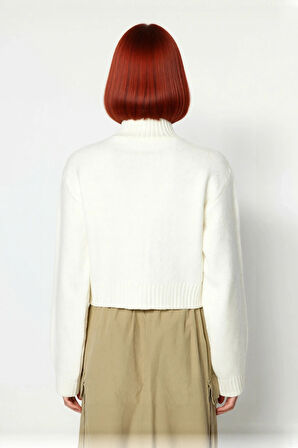 Kadın Düz Desen Dik Yaka Balon Kol Crop Kesim Triko Kazak Kışlık Akrilik Karışımlı Günlük Giyim