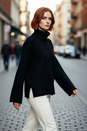 Kadın Geniş Kalıp Balıkçı Yaka Triko Kazak Soğuk Havalarda Şıklığı Ve Konforu Bir Arada Sunuyor