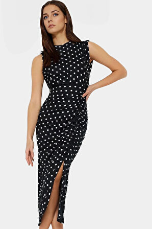 Şık Puantiyeli Maxi Elbise Esnek Örme Bisiklet Yaka Sırt Dekolteli Trend Tasarım Seçkin Malzeme