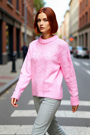 Kadın Pembe Oversize Dik Yaka Triko Kazak Kış Sezonuna Özel Modern Ve Rahat Giyimin Anahtarı