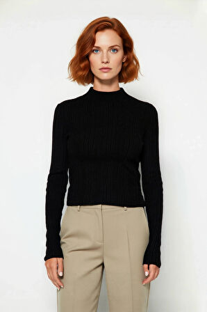 Kadın Fitted Dik Yaka Fitilli Uzun Kollu Triko Kazak Günlük Basic Siluet Kış Sonbahar Konforu