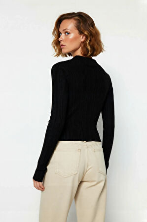 Kadın Fitted Dik Yaka Fitilli Uzun Kollu Triko Kazak Günlük Basic Siluet Kış Sonbahar Konforu