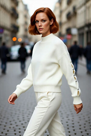 Kadın Dik Yaka Triko Kazak Düşük Kollu Düğme Detaylı Modern Regular Kalıp Kış İçin İdeal Seçim