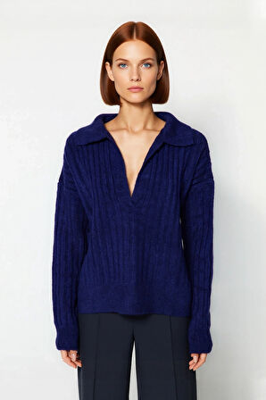 Kadınlara Özel Oversize Fitilli Triko Kazak Düşük Kol Polo Yaka Kış Sezonu İçin İdeal Günlük Giyim