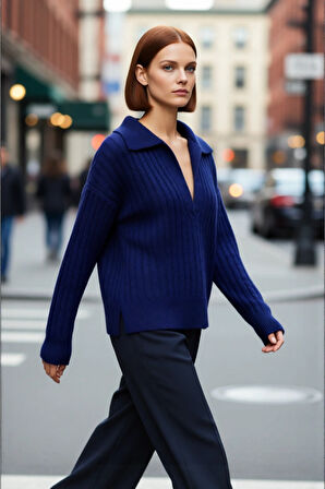 Kadınlara Özel Oversize Fitilli Triko Kazak Düşük Kol Polo Yaka Kış Sezonu İçin İdeal Günlük Giyim