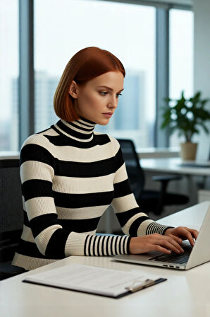 Kadın Balıkçı Yaka Triko Kazak Uzun Kollu Regular Kalıp Çizgili Basic Kış Kombinleri İçin İdeal