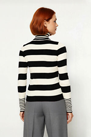 Kadın Balıkçı Yaka Triko Kazak Uzun Kollu Regular Kalıp Çizgili Basic Kış Kombinleri İçin İdeal