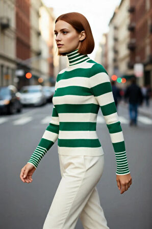 Kadın Balıkçı Yaka Triko Kazak Uzun Kollu Regular Kalıp Çizgili Basic Kış Kombinleri İçin İdeal