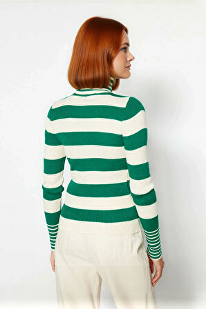 Kadın Balıkçı Yaka Triko Kazak Uzun Kollu Regular Kalıp Çizgili Basic Kış Kombinleri İçin İdeal