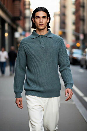 Unisex Rahat Kalıp Polo Yaka Uzun Kol Basic Triko Kazak Günlük Şıklığınızı Tamamlayan Parça