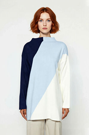 Kadınlara Özel Relaxed Fit Dik Yaka Renk Bloklu Triko Kazak Günlük Giyim İçin İdeal Seçim Kaliteli