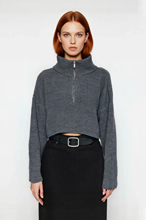 Kadın Basic Oversize Düşük Uzun Kollu Crop Fermuarlı Dik Yaka Triko Kazak Kışlık Rahat Stiller