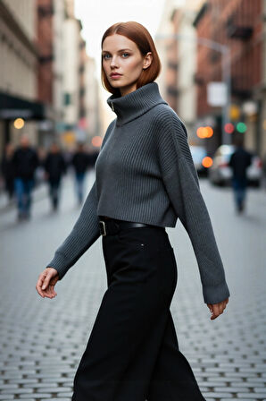 Kadın Basic Oversize Düşük Uzun Kollu Crop Fermuarlı Dik Yaka Triko Kazak Kışlık Rahat Stiller