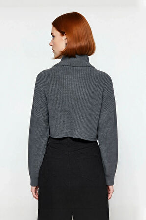 Kadın Basic Oversize Düşük Uzun Kollu Crop Fermuarlı Dik Yaka Triko Kazak Kışlık Rahat Stiller