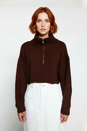 Kadın Basic Oversize Düşük Uzun Kollu Crop Fermuarlı Dik Yaka Triko Kazak Kışlık Rahat Stiller