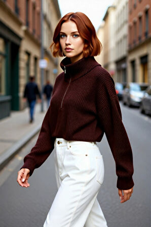 Kadın Basic Oversize Düşük Uzun Kollu Crop Fermuarlı Dik Yaka Triko Kazak Kışlık Rahat Stiller