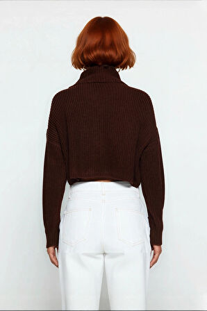 Kadın Basic Oversize Düşük Uzun Kollu Crop Fermuarlı Dik Yaka Triko Kazak Kışlık Rahat Stiller