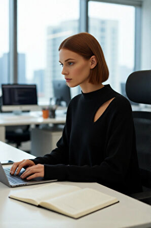 Kadın Modern Oversize Düşük Kol Siyah Akrilik Triko Kazak Cut Out Detaylı Günlük Şıklık Kaliteli