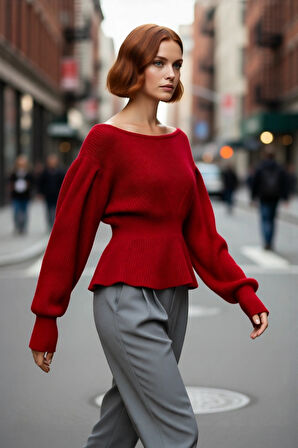 Kadınlar İçin Kışlık Akrilik Selanik Örgü Kayık Yaka Balon Kol Rahat Crop Triko Kazak Gündüz Gece