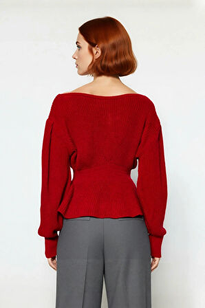 Kadınlar İçin Kışlık Akrilik Selanik Örgü Kayık Yaka Balon Kol Rahat Crop Triko Kazak Gündüz Gece