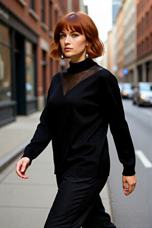 Kadın Rahat Kalıp Düz Triko Kazak Dik Yaka Uzun Kollu Tül Detaylı Günlük Şıklık İçin İdeal Seçim