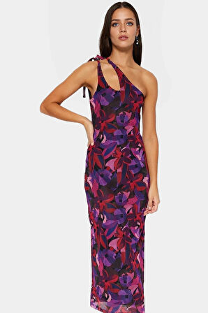 Çok Çiçek Desenli Maxi Elbise İnce Askılı Bodycon Örme Seçkin Malzeme Premium Kalite