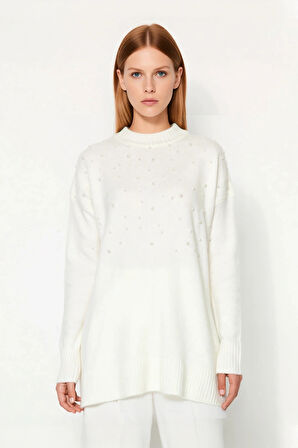 Kadın Şık İnci Detaylı Uzun Triko Kazak Relaxed Kalıp Bisiklet Yaka Balon Kol Kışlık Kaliteli