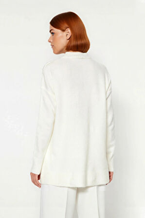 Kadın Şık İnci Detaylı Uzun Triko Kazak Relaxed Kalıp Bisiklet Yaka Balon Kol Kışlık Kaliteli