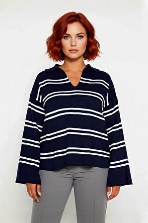 Kadın Polo Yaka Çizgili Akrilik Triko Kazak Relaxed Kalıbı Sayesinde Soğuk Havalara Şıklık Katıyor