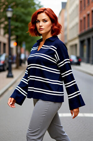 Kadın Polo Yaka Çizgili Akrilik Triko Kazak Relaxed Kalıbı Sayesinde Soğuk Havalara Şıklık Katıyor