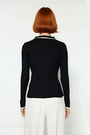 Kadın Fitted Triko Polo Yaka Kazak Zarif Renk Bloklu Tasarımıyla Günlük Şıklığı Tamamlar Kaliteli