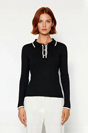 Kadın Fitted Triko Polo Yaka Kazak Zarif Renk Bloklu Tasarımıyla Günlük Şıklığı Tamamlar Kaliteli