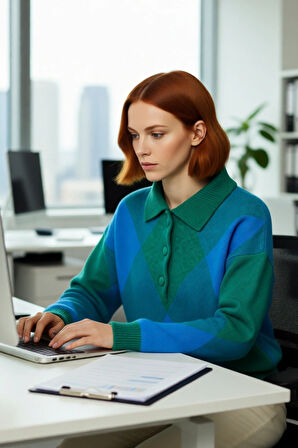 Kadınlara Özel Rahat Oversize Polo Yaka Baklava Desenli Triko Kazak Sonbahar Kış Şıklığı Sunar