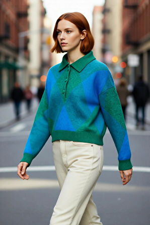 Kadınlara Özel Rahat Oversize Polo Yaka Baklava Desenli Triko Kazak Sonbahar Kış Şıklığı Sunar