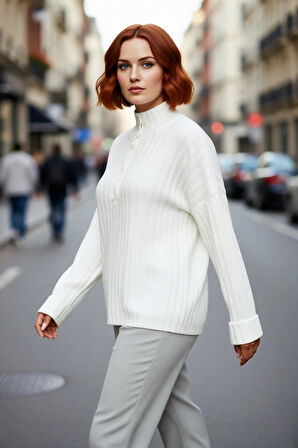 Kadın Fitilli Dokuma Triko Kazak Relaxed Kalıp Dik Yaka Düğmeli Detay Kış Konforu Şıklığı Kaliteli