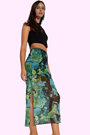 Kadın Kalem Etek Astarlı Maxi Boy Örme Tül Yaz İç Göstermeyen Soyut Desenli Günlük Kullanım