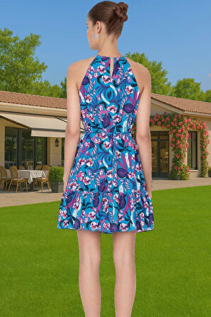 Şifon Kumaşlı Çiçekli Mini Elbise Rahat Günlük Stil Halter Yaka Mükemmel Uyum Trend Tasarım