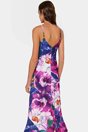 A Kesim Kolsuz Maxi Saten Elbise Çok Çiçek Desenli Yazlık ve Şık Premium Kalite