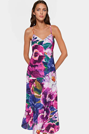 A Kesim Kolsuz Maxi Saten Elbise Çok Çiçek Desenli Yazlık ve Şık Premium Kalite