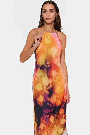 Halter Yaka Kolsuz Midi Elbise Soyut Desenli Dokuma Polyester Yazlık Şık Görünüm Uzun Ömürlü