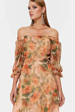 Çiçekli Desenli A line Maxi Elbise Şifon Kumaş Truvakar Kollu Kemersiz Kaliteli İşçilik