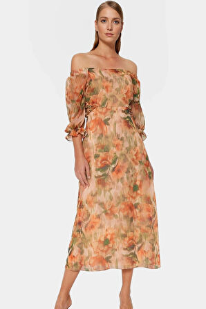 Çiçekli Desenli A line Maxi Elbise Şifon Kumaş Truvakar Kollu Kemersiz Kaliteli İşçilik