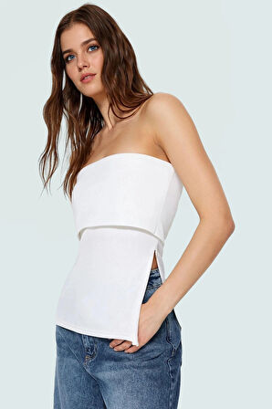 Yandan Fermuarlı Krep Örme Straplez Bluz Premium Kalite Modern Stil