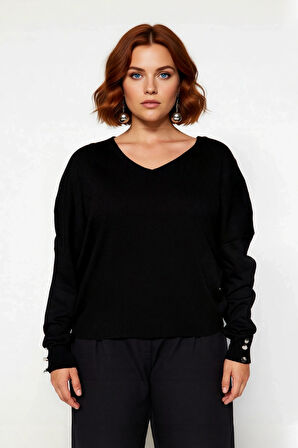 Kadınlara Özel Siyah V Yaka Relaxed Kalıp Triko Kazak Uzun Kol Günlük Kombinlerin Vazgeçilmezi