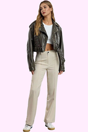 Kadın Straight Düz Kesim Uzun Pantolon; Yüksek Bel Dokuma Kumaş Günlük Yaz Aylarının Vazgeçilmezi