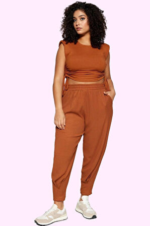 Kadın Büyük Beden Örme Pantolon Yüksek Bel Havuç Kalıp Regular Boy Yaz Aylarının Vazgeçilmezi