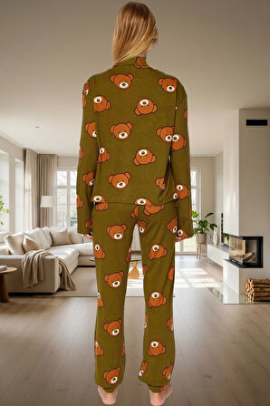 Rahat %100 Pamuk Ayıcıklı Pijama Takımı Uzun Paça Boru Kaliteli İşçilik Zarifane Tasarım