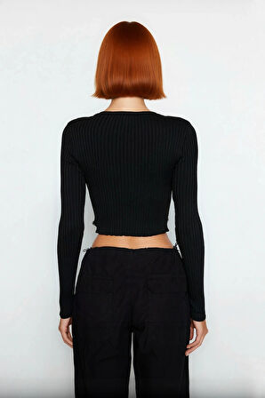 Kadın Modern Super Crop Fitted Polyester Triko Üst Bisiklet Yaka Fitilli Uzun Kol Günlük İlkbahar